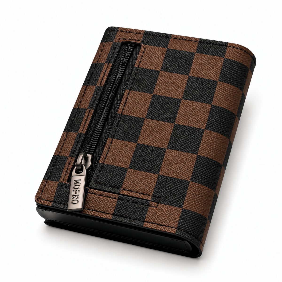 Moero Pro Zip – Check Bite Brown – Underground Limited Edition – Portafoglio RFID in Vera Pelle Saffiano con Chiusura Magnetica e Portamonete Zip - portacarte black