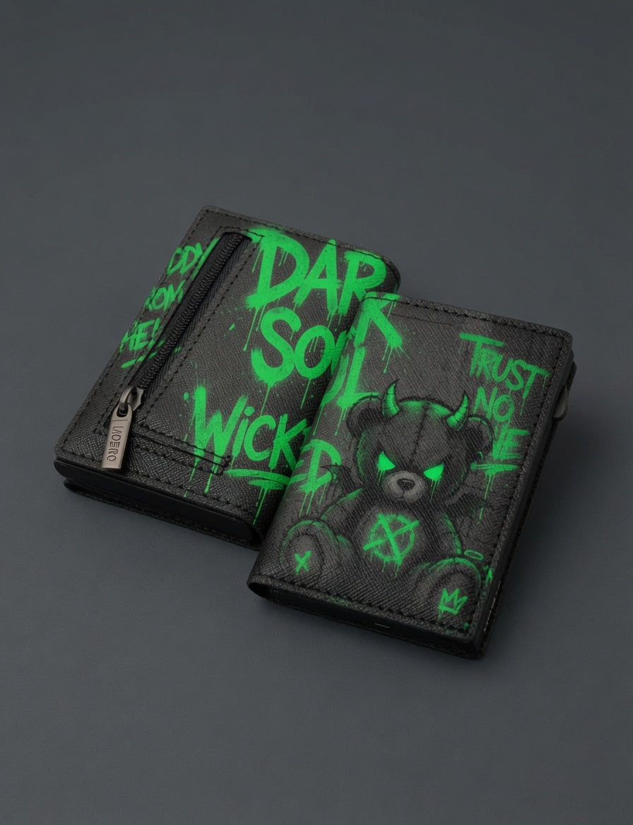 Moero Pro - Teddy Dark Soul - Limited Edition – Portafoglio RFID in Vera Pelle Saffiano con Chiusura Magnetica e Portamonete Zip