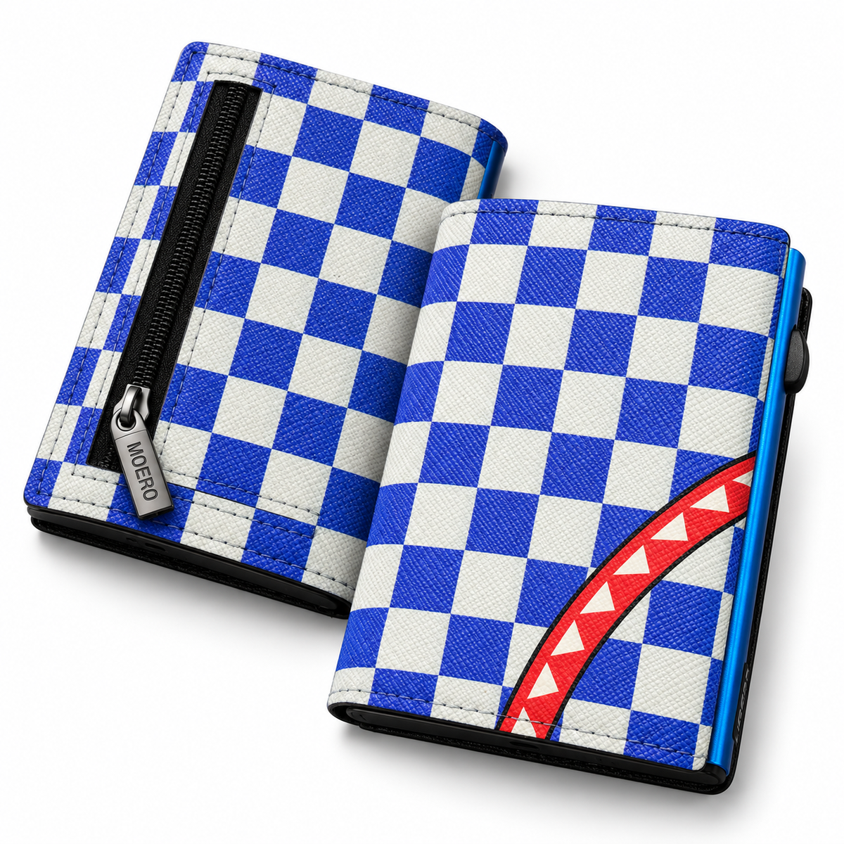 Moero Pro Zip – Check Bite Blue – Underground Limited Edition – Portafoglio RFID in Vera Pelle Saffiano con Chiusura Magnetica e Portamonete Zip - portacarte blue