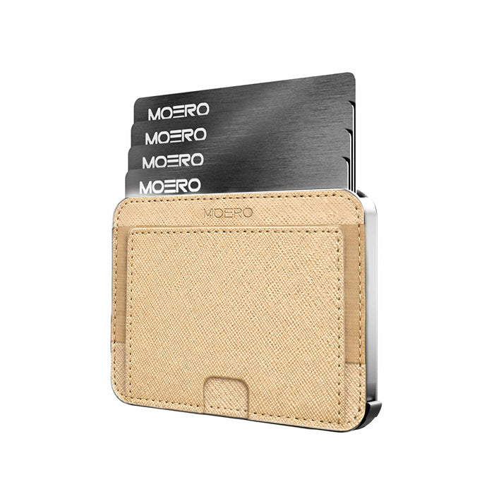 Moero M2 Pro Saffiano Gold MagSafe Wallet – Portafoglio RFID in Alluminio e Vera Pelle Antigraffio
