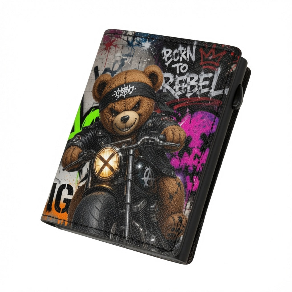 Moero Pro - Teddy Rebel - Limited Edition – Portafoglio RFID in Vera Pelle Saffiano con Chiusura Magnetica e Portamonete Zip