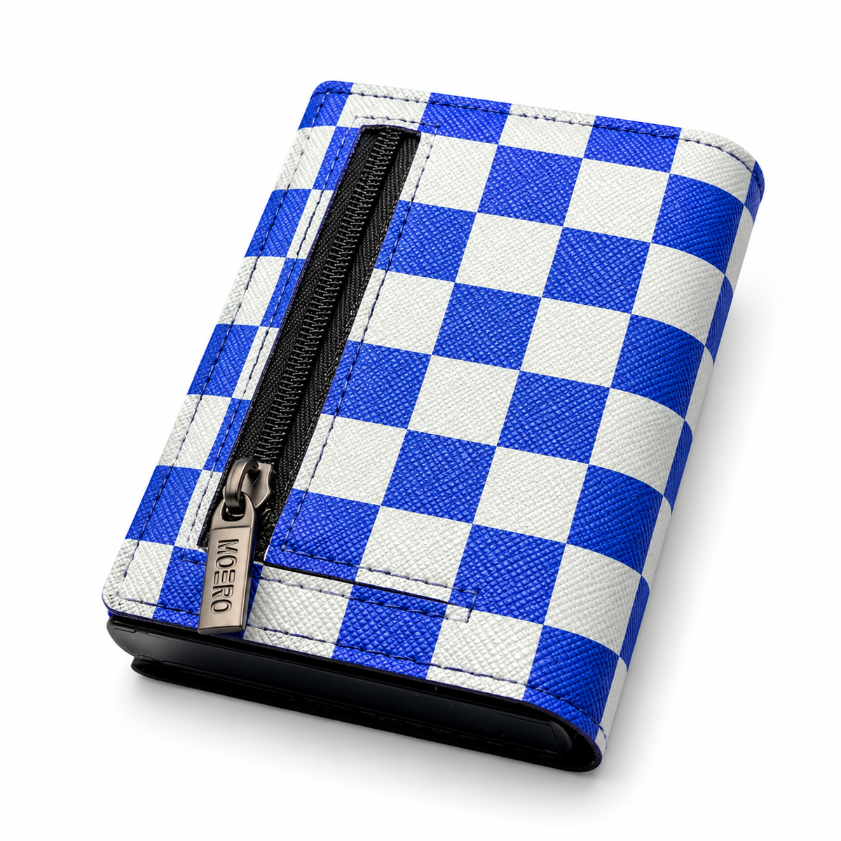Moero Pro Zip – Check Bite Blue – Underground Limited Edition – Portafoglio RFID in Vera Pelle Saffiano con Chiusura Magnetica e Portamonete Zip - portacarte blue