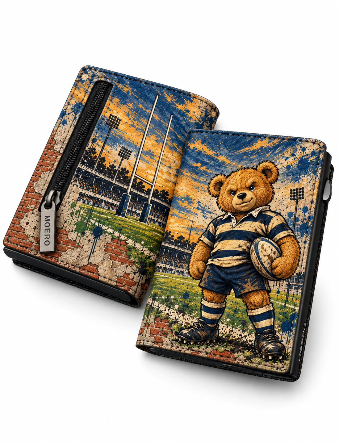 Moero Pro - Teddy Rugby - Sport Limited Edition – Portafoglio RFID in Vera Pelle Saffiano con Chiusura Magnetica e Portamonete Zip