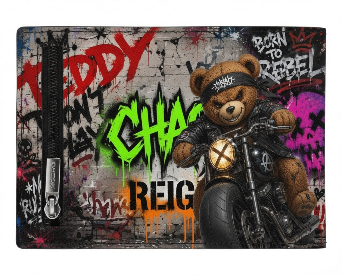 Moero Pro - Teddy Rebel - Limited Edition – Portafoglio RFID in Vera Pelle Saffiano con Chiusura Magnetica e Portamonete Zip