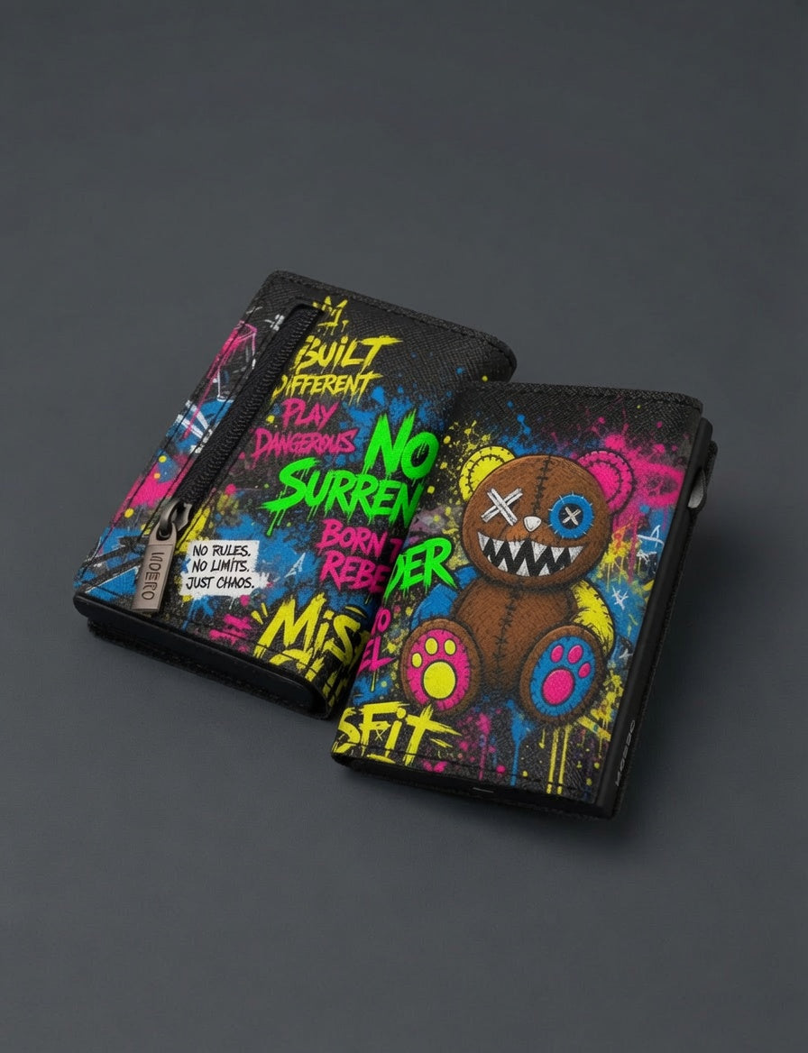 Moero Pro - Teddy Built Different - Limited Edition – Portafoglio RFID in Vera Pelle Saffiano con Chiusura Magnetica e Portamonete Zip