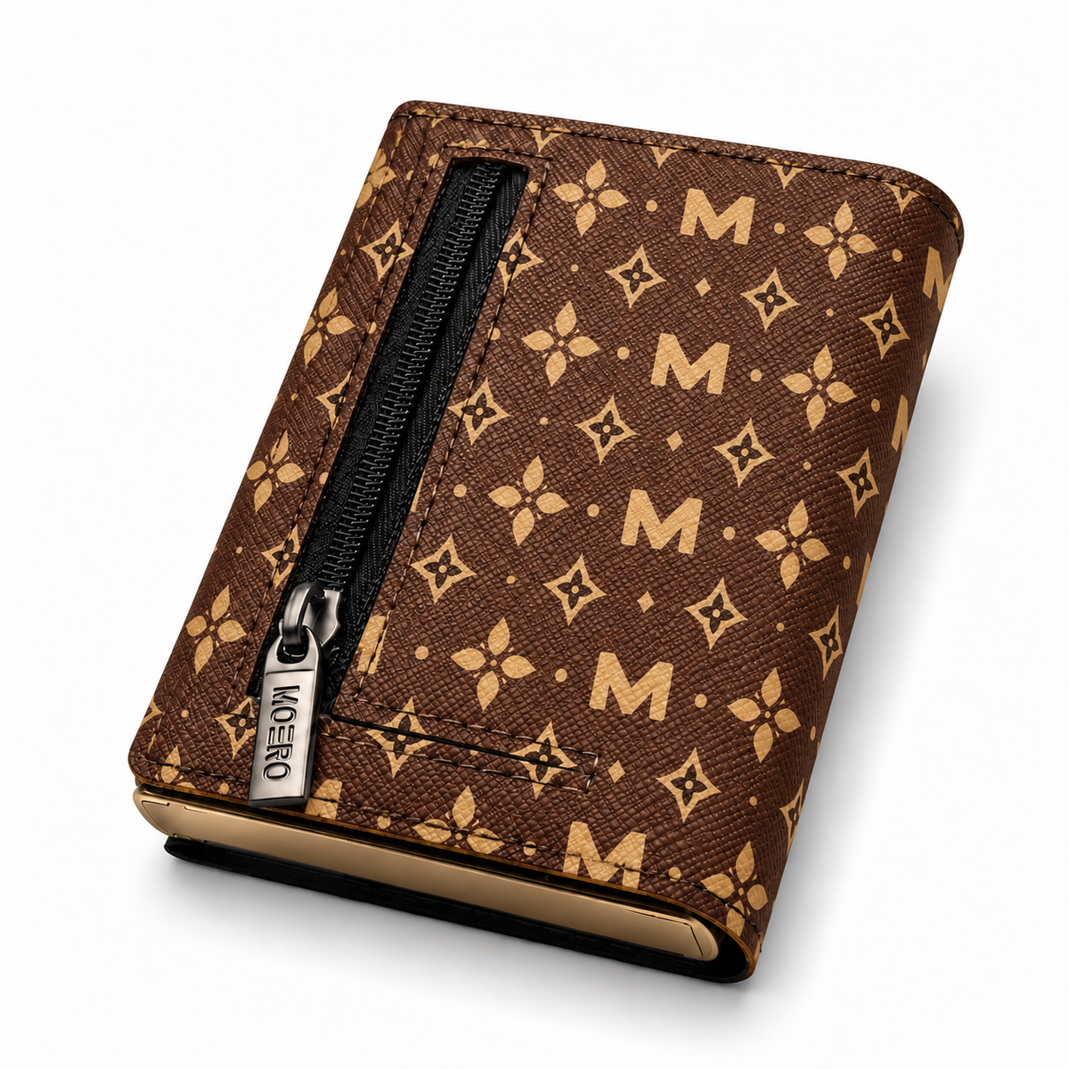Moero Pro Zip – Monogram Brown – Limited Edition – Portafoglio RFID in Vera Pelle Saffiano con Chiusura Magnetica e Portamonete Zip - portacarte gold
