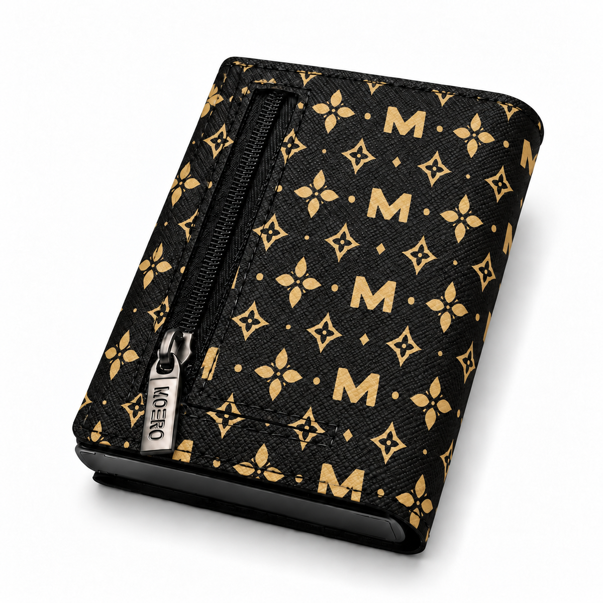 Moero Pro Zip – Monogram Black – Limited Edition – Portafoglio RFID in Vera Pelle Saffiano con Chiusura Magnetica e Portamonete Zip - portacarte gold