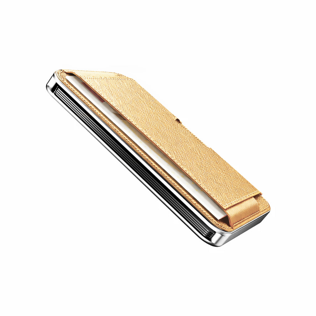 Moero M2 Pro Saffiano Gold MagSafe Wallet – Portafoglio RFID in Alluminio e Vera Pelle Antigraffio