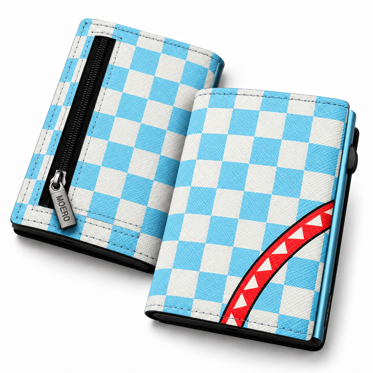 Moero Pro Zip – Check Bite Light blue – Underground Limited Edition – Portafoglio RFID in Vera Pelle Saffiano con Chiusura Magnetica e Portamonete Zip - portacarte sierra