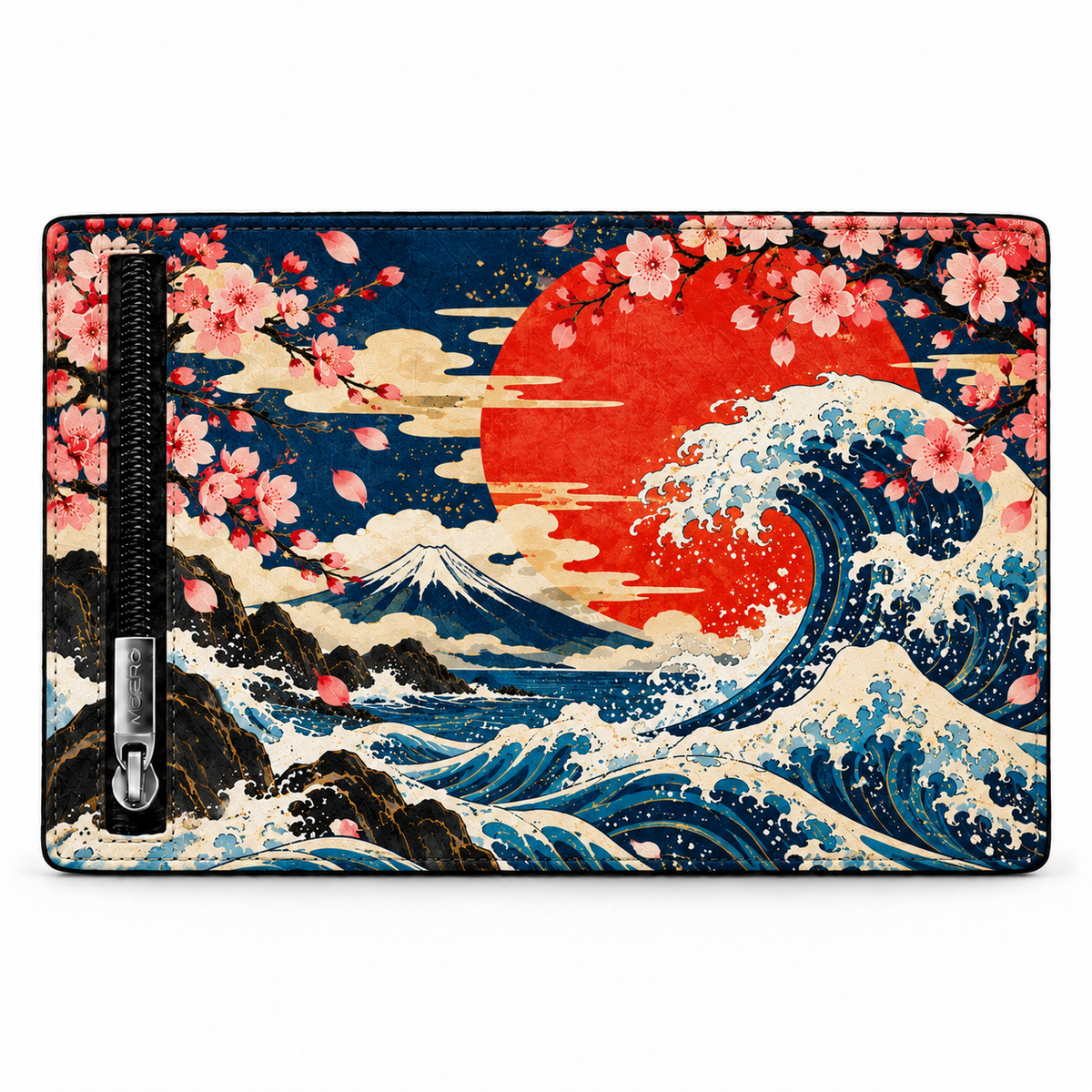 Moero Pro Zip – Grande Onda – Japanese Art Limited Edition – Portafoglio RFID in Vera Pelle Saffiano con Chiusura Magnetica e Portamonete Zip