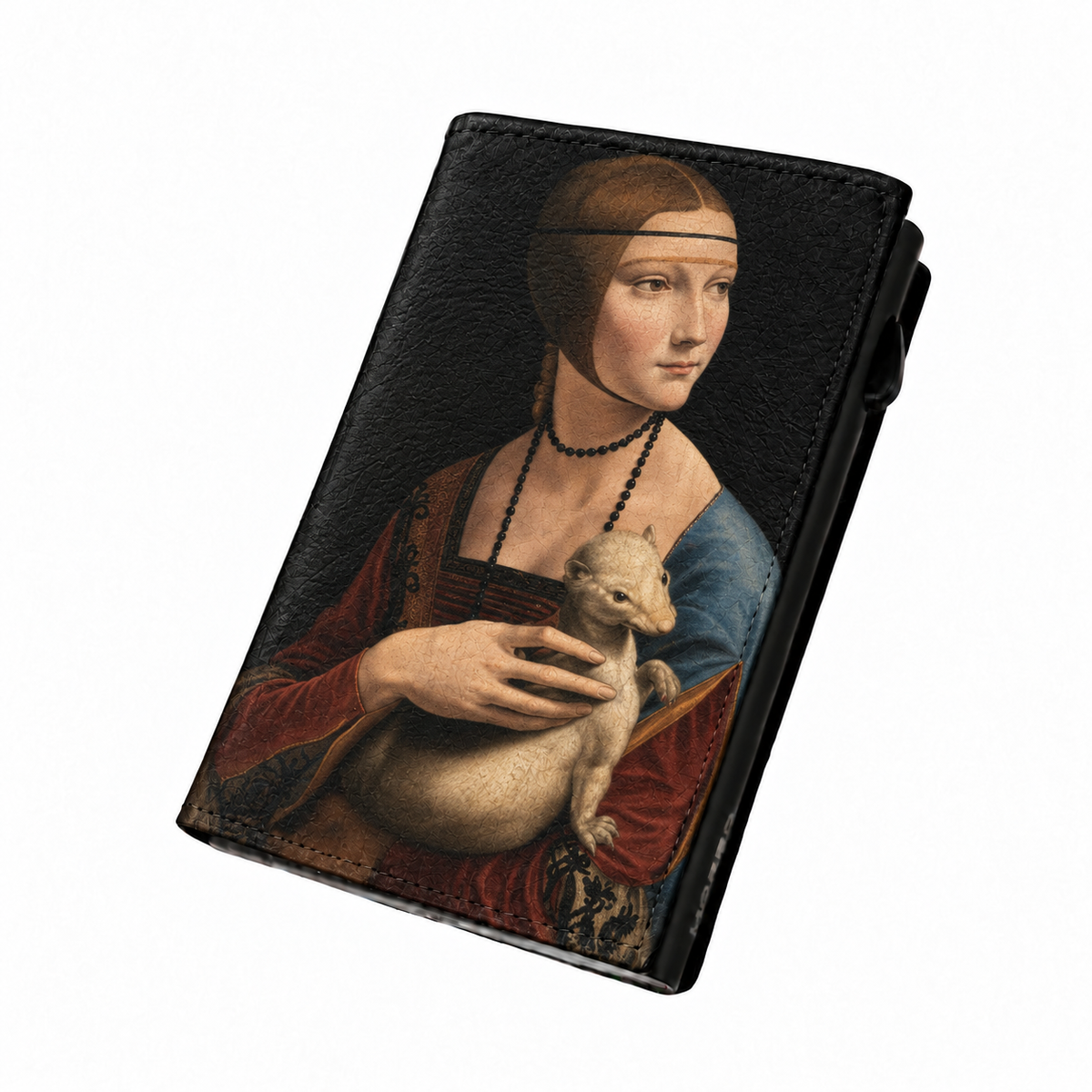 Moero Pro Zip - La dama con l'ermellino - Arte Limited Edition – Portafoglio RFID in Vera Pelle Saffiano con Chiusura Magnetica e Portamonete Zip