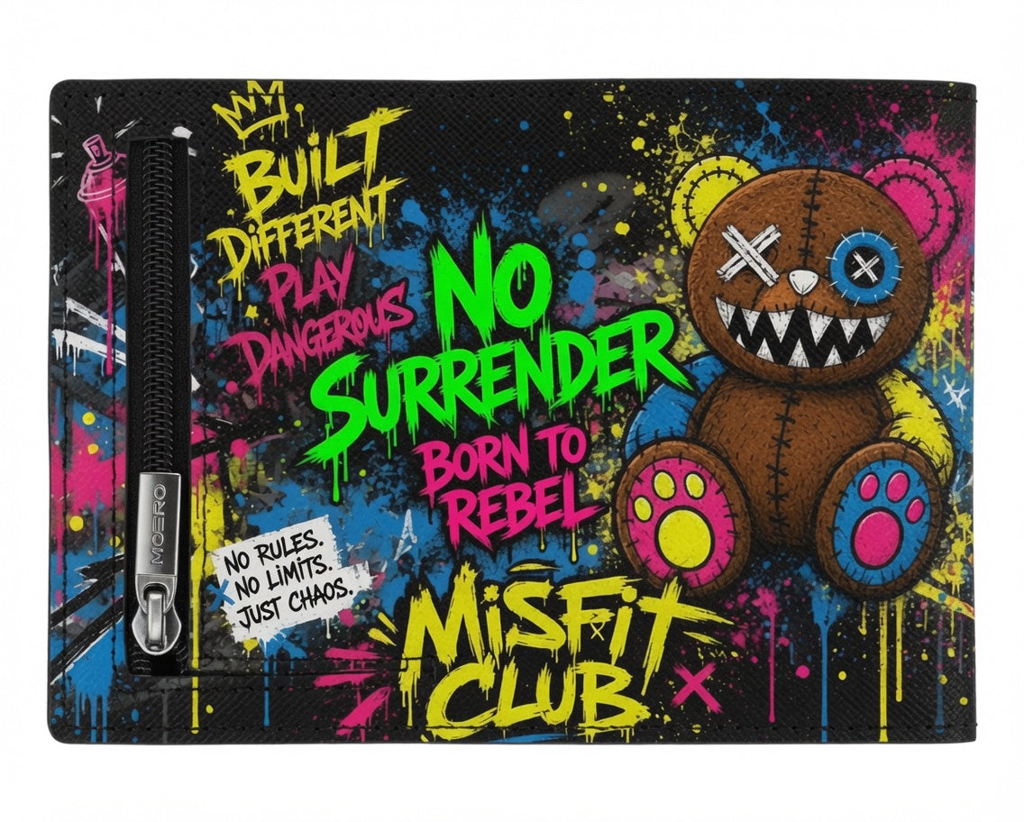 Moero Pro - Teddy Built Different - Limited Edition – Portafoglio RFID in Vera Pelle Saffiano con Chiusura Magnetica e Portamonete Zip