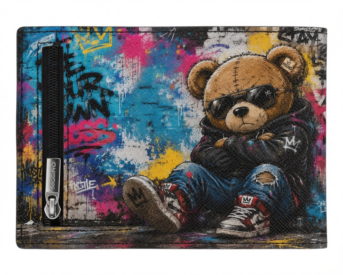 Moero Pro - Teddy Boss - Limited Edition – Portafoglio RFID in Vera Pelle Saffiano con Chiusura Magnetica e Portamonete Zip