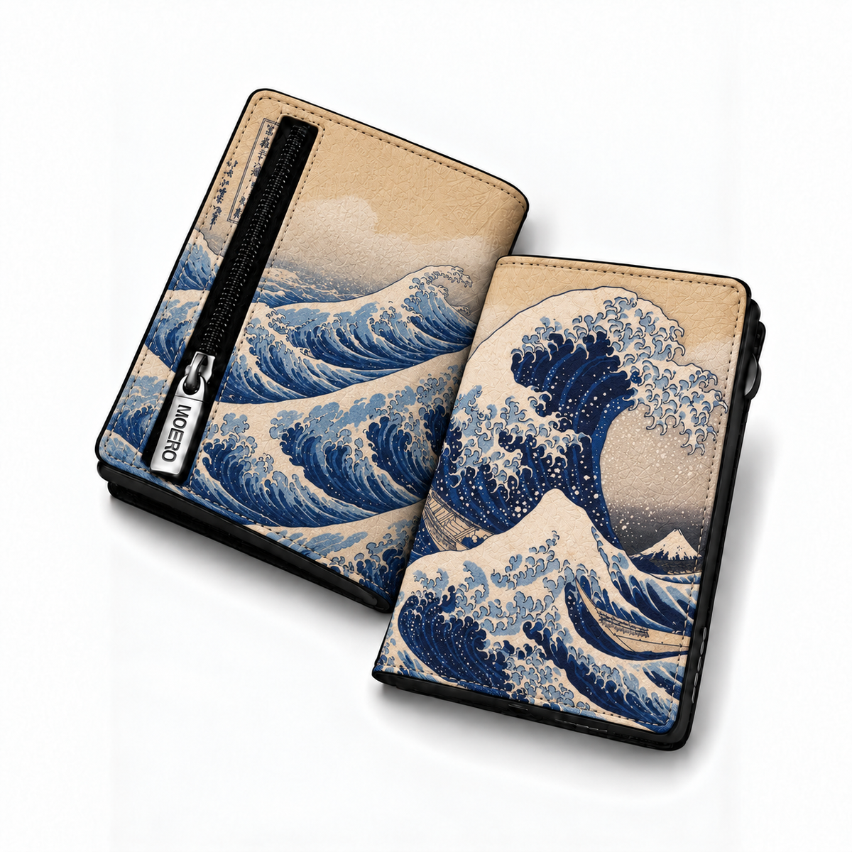 Moero Pro Zip - Onda di Kanagawa- Arte Limited Edition – Portafoglio RFID in Vera Pelle Saffiano con Chiusura Magnetica e Portamonete Zip