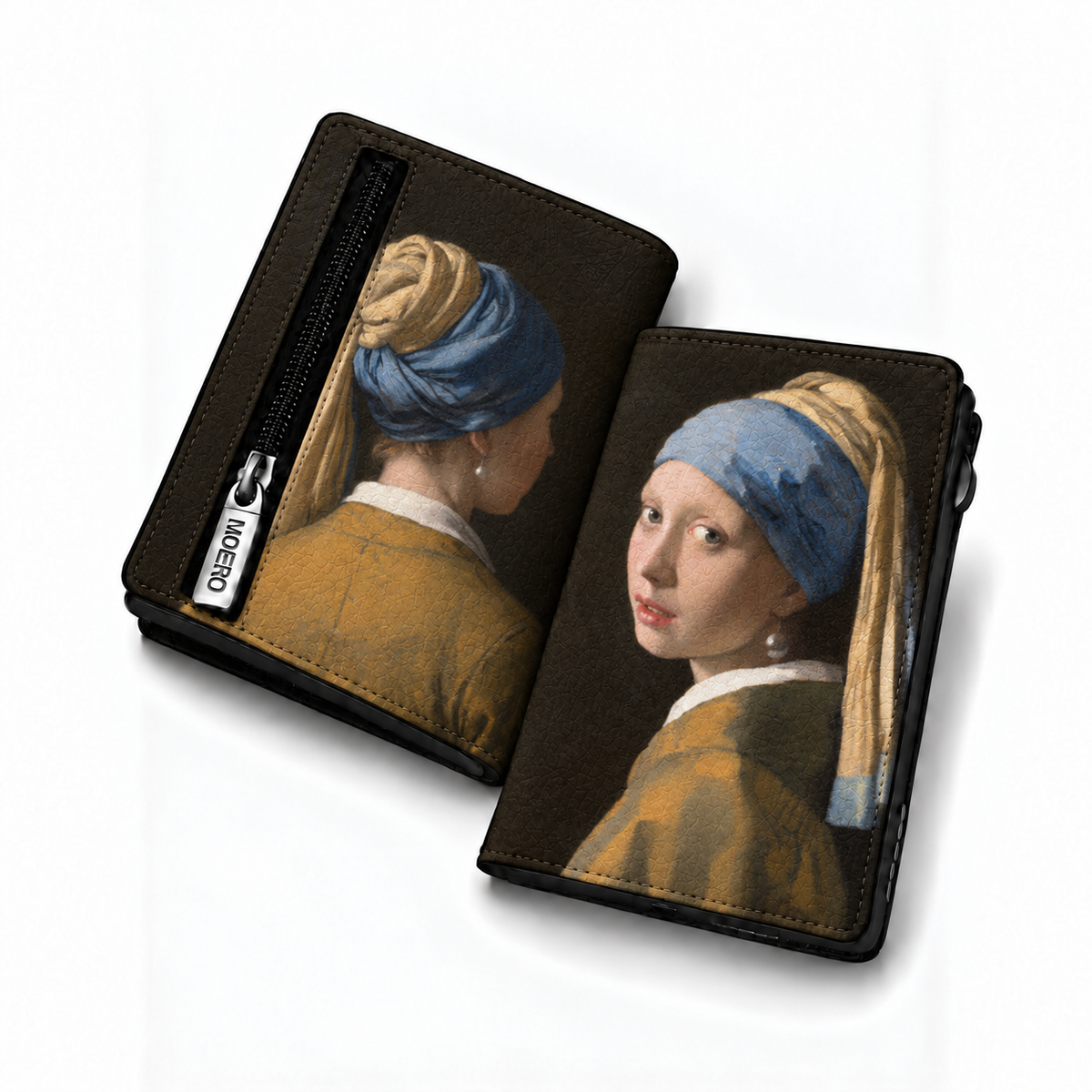 Moero Pro Zip - La ragazza con l'orecchino di perla - Arte Limited Edition – Portafoglio RFID in Vera Pelle Saffiano con Chiusura Magnetica e Portamonete Zip