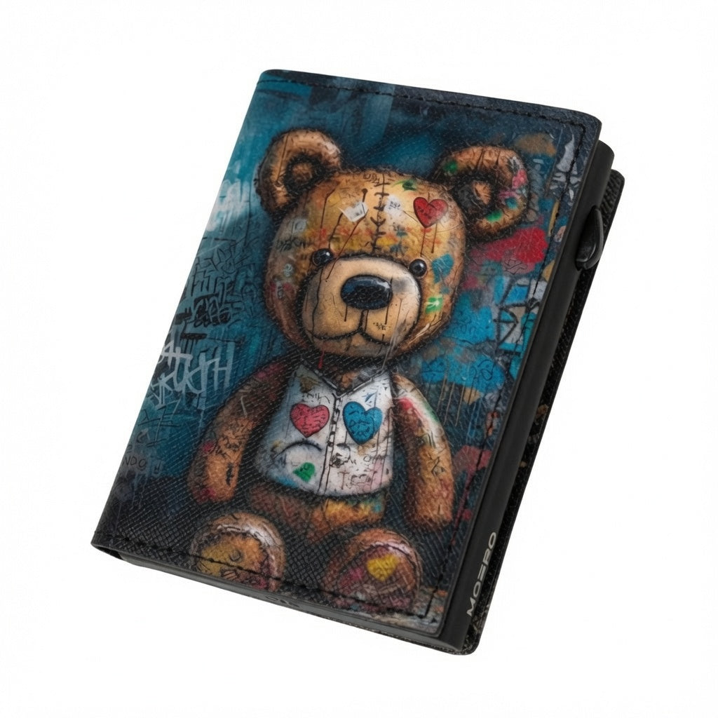 Moero Pro - Teddy Heart - Limited Edition – Portafoglio RFID in Vera Pelle Saffiano con Chiusura Magnetica e Portamonete Zip