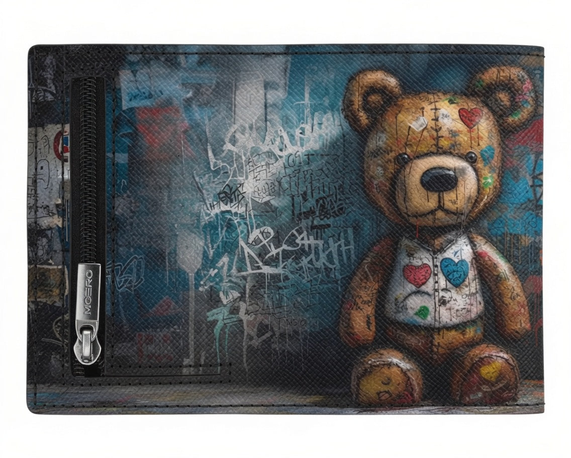 Moero Pro - Teddy Heart - Limited Edition – Portafoglio RFID in Vera Pelle Saffiano con Chiusura Magnetica e Portamonete Zip
