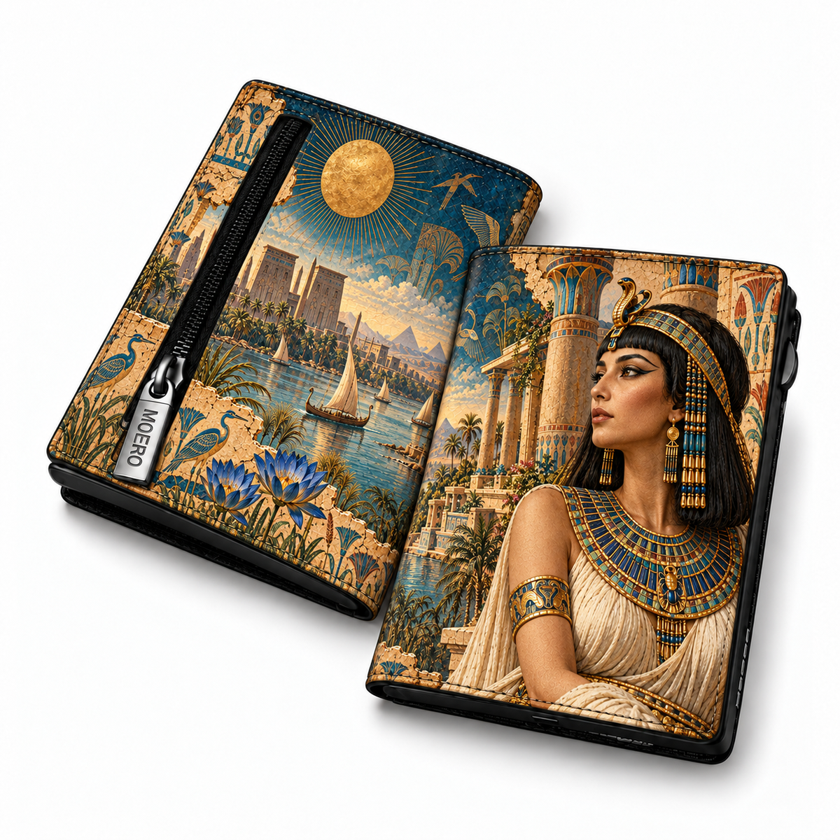 Moero Pro Zip – Cleopatra – Egypt Limited Edition – Portafoglio RFID in Vera Pelle Saffiano con Chiusura Magnetica e Portamonete Zip
