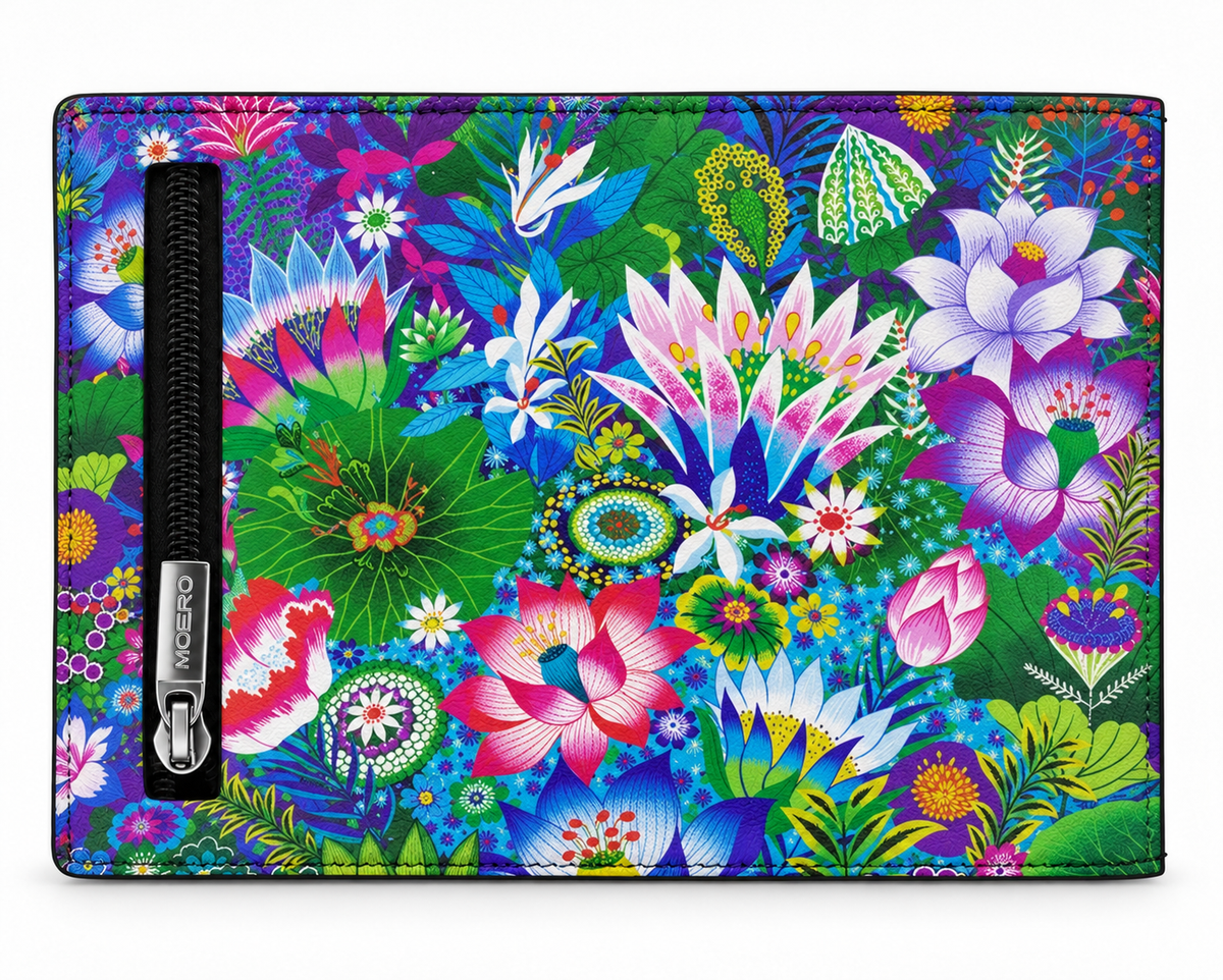 Moero PRO Floral - Eden Tropicale - Limited Edition – Portafoglio RFID in Vera Pelle Saffiano con Chiusura Magnetica e Portamonete Zip