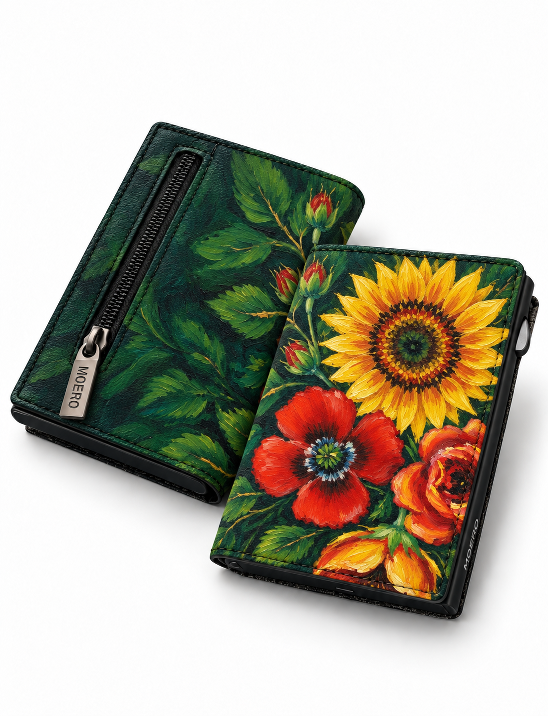 Moero PRO Floral - Bouquet del sole - Limited Edition – Portafoglio RFID in Vera Pelle Saffiano con Chiusura Magnetica e Portamonete Zip