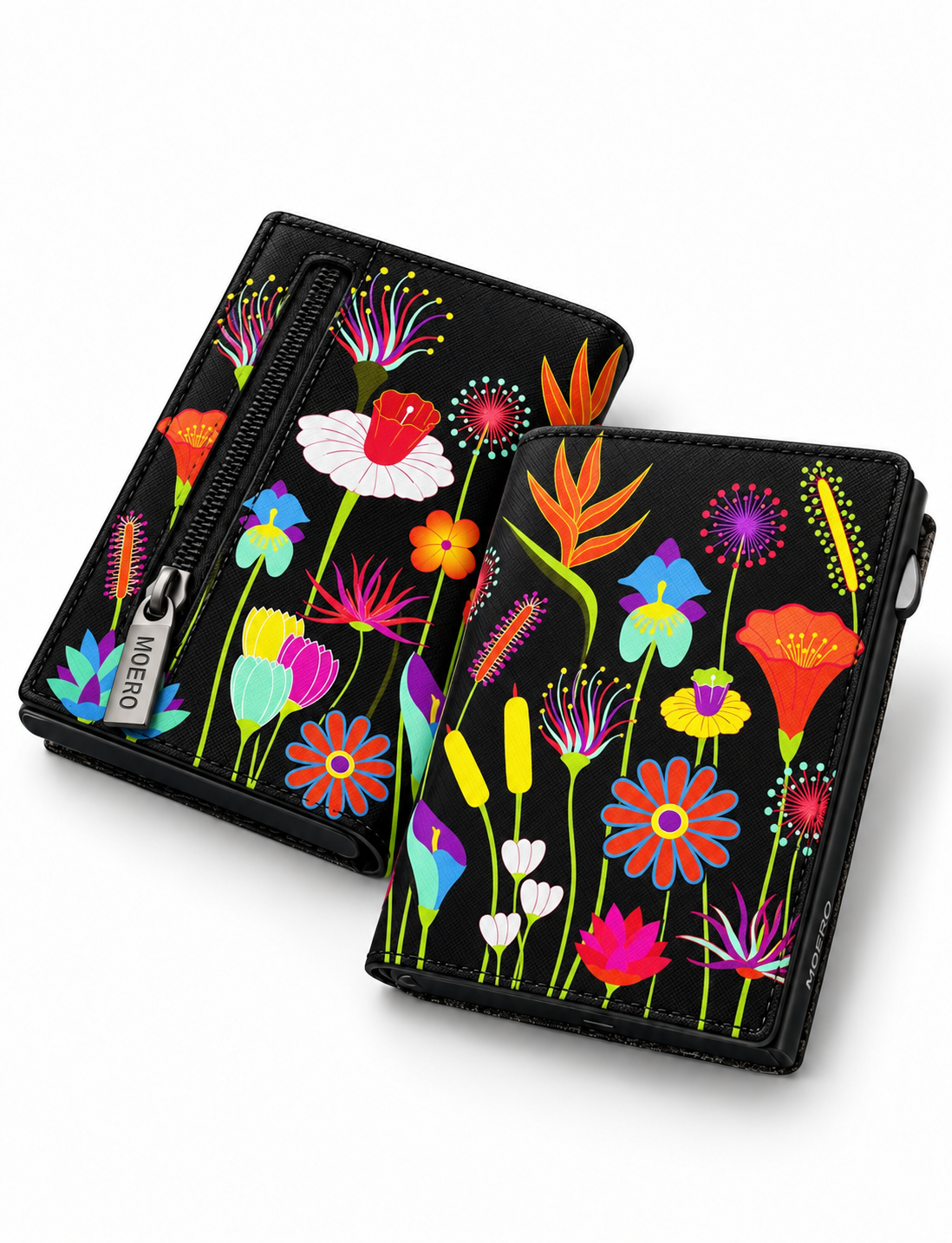 Moero PRO Floral - Giardino Neon - Limited Edition – Portafoglio RFID in Vera Pelle Saffiano con Chiusura Magnetica e Portamonete Zip