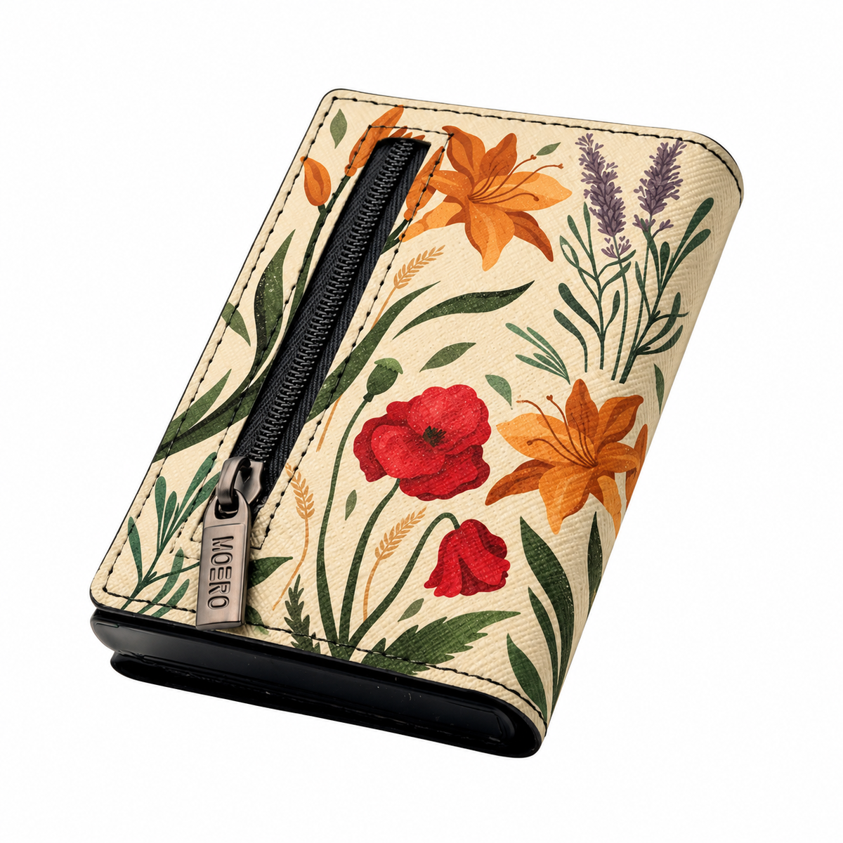 Moero PRO Floral - Erbario Romantico - Limited Edition – Portafoglio RFID in Vera Pelle Saffiano con Chiusura Magnetica e Portamonete Zip