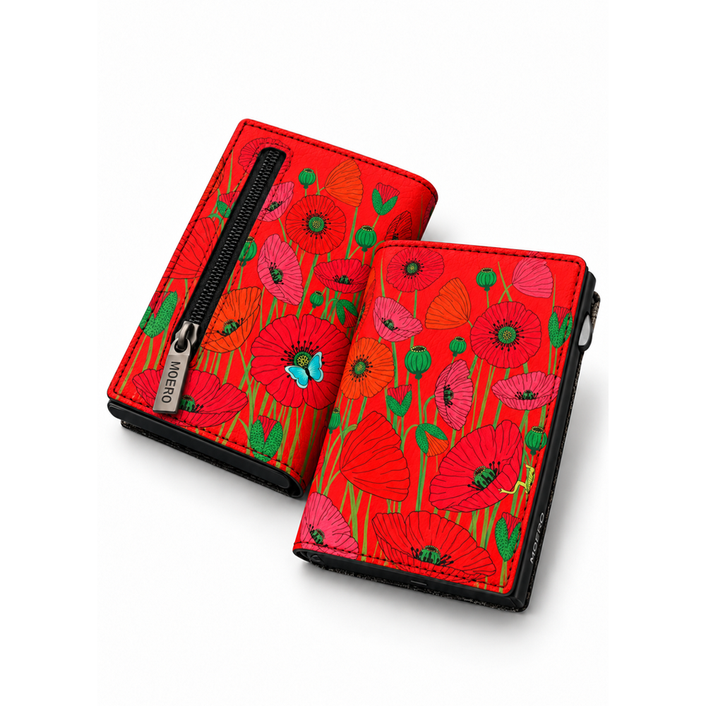 Moero PRO Floral - Papaveri di fuoco - Limited Edition – Portafoglio RFID in Vera Pelle Saffiano con Chiusura Magnetica e Portamonete Zip