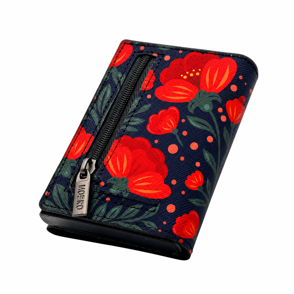 Moero PRO Floral - Corolle di Mezzanotte - Limited Edition – Portafoglio RFID in Vera Pelle Saffiano con Chiusura Magnetica e Portamonete Zip