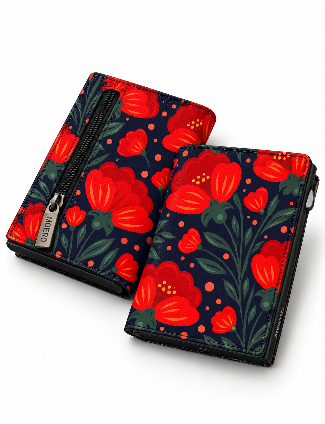 Moero PRO Floral - Corolle di Mezzanotte - Limited Edition – Portafoglio RFID in Vera Pelle Saffiano con Chiusura Magnetica e Portamonete Zip