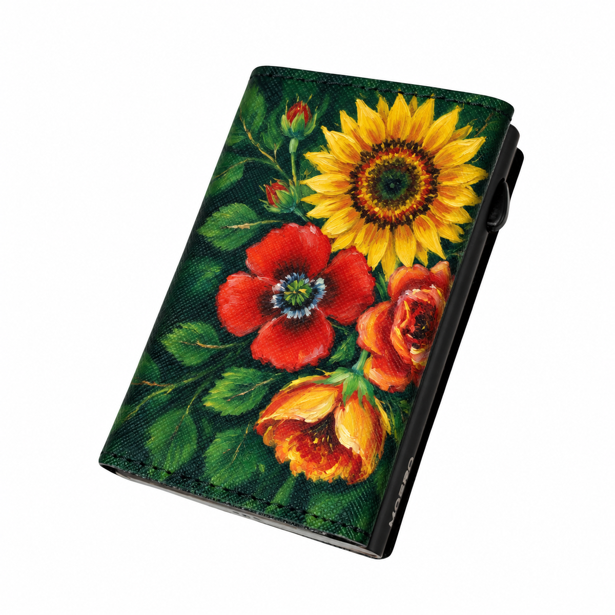 Moero PRO Floral - Bouquet del sole - Limited Edition – Portafoglio RFID in Vera Pelle Saffiano con Chiusura Magnetica e Portamonete Zip
