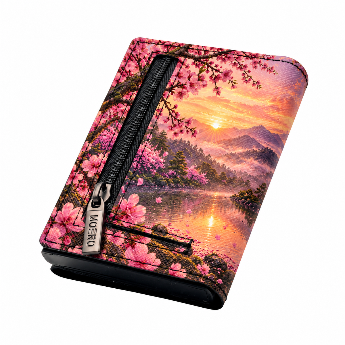Moero Pro – Monte Fuji – Japanese Art Limited Edition – Portafoglio RFID in Vera Pelle Saffiano con Chiusura Magnetica e Portamonete Zip