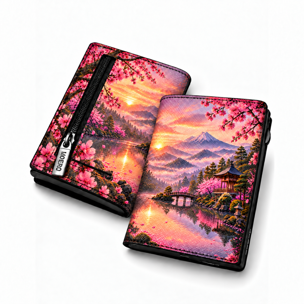 Moero Pro – Monte Fuji – Japanese Art Limited Edition – Portafoglio RFID in Vera Pelle Saffiano con Chiusura Magnetica e Portamonete Zip