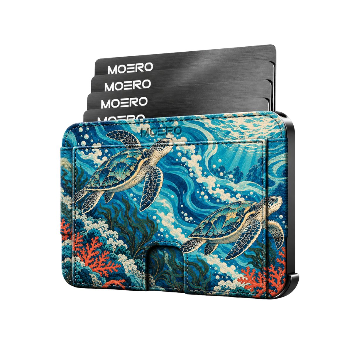 Moero M2 Pro - Abbraccio dell'oceano - Japanese art Limited Edition - MagSafe Wallet – Portafoglio RFID in Alluminio e Vera Pelle Saffiano Antigraffio
