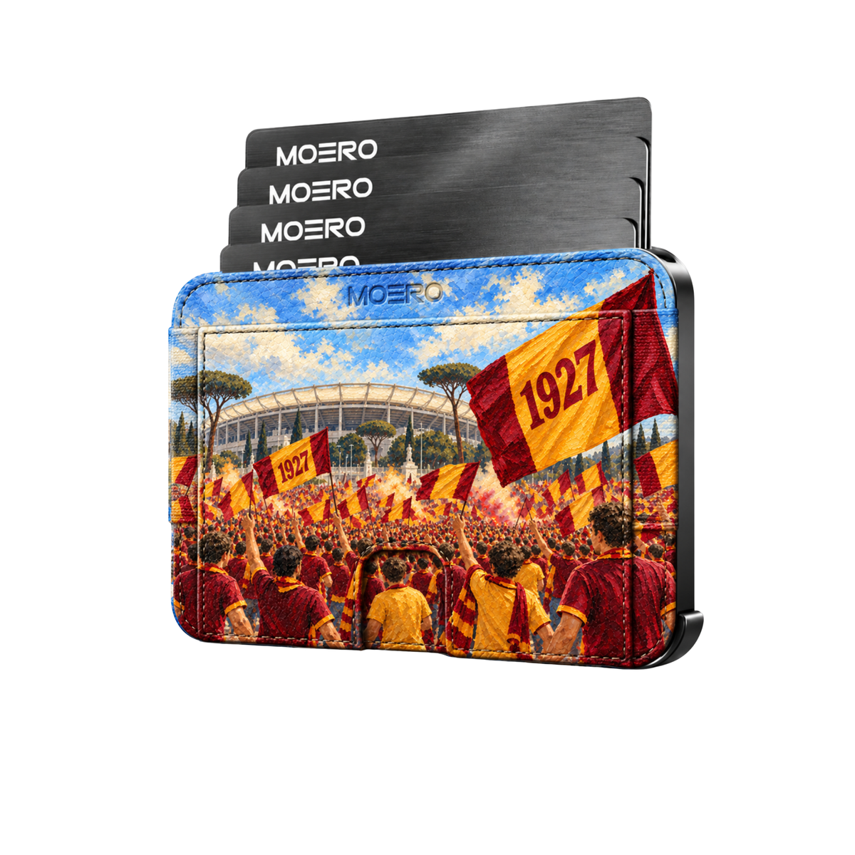 Moero M2 Pro - Roma - Passione Calcio Limited Edition - MagSafe Wallet – Portafoglio RFID in Alluminio e Vera Pelle Saffiano Antigraffio