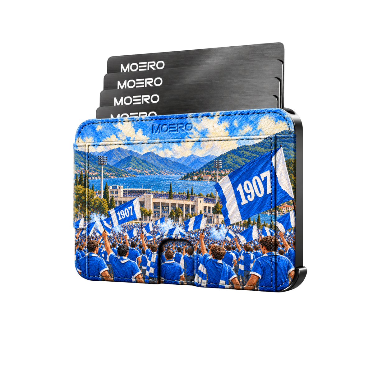 Moero M2 Pro - Como - Passione Calcio Limited Edition - MagSafe Wallet – Portafoglio RFID in Alluminio e Vera Pelle Saffiano Antigraffio