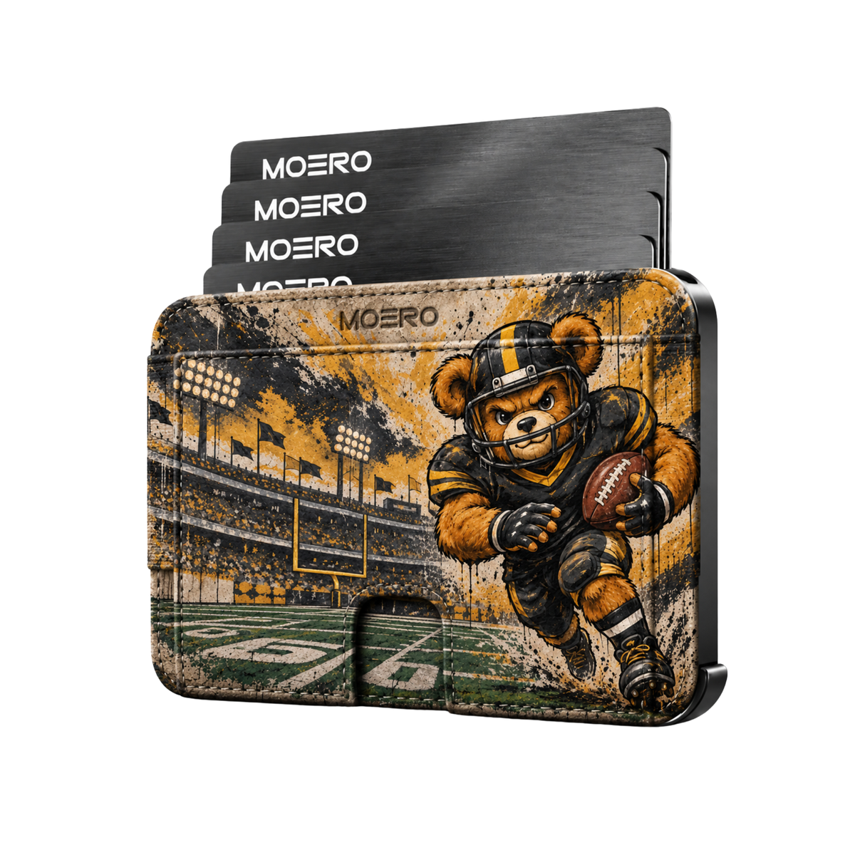 Moero M2 Pro - Teddy Football Americano - Sport Limited Edition - MagSafe Wallet – Portafoglio RFID in Alluminio e Vera Pelle Saffiano Antigraffio