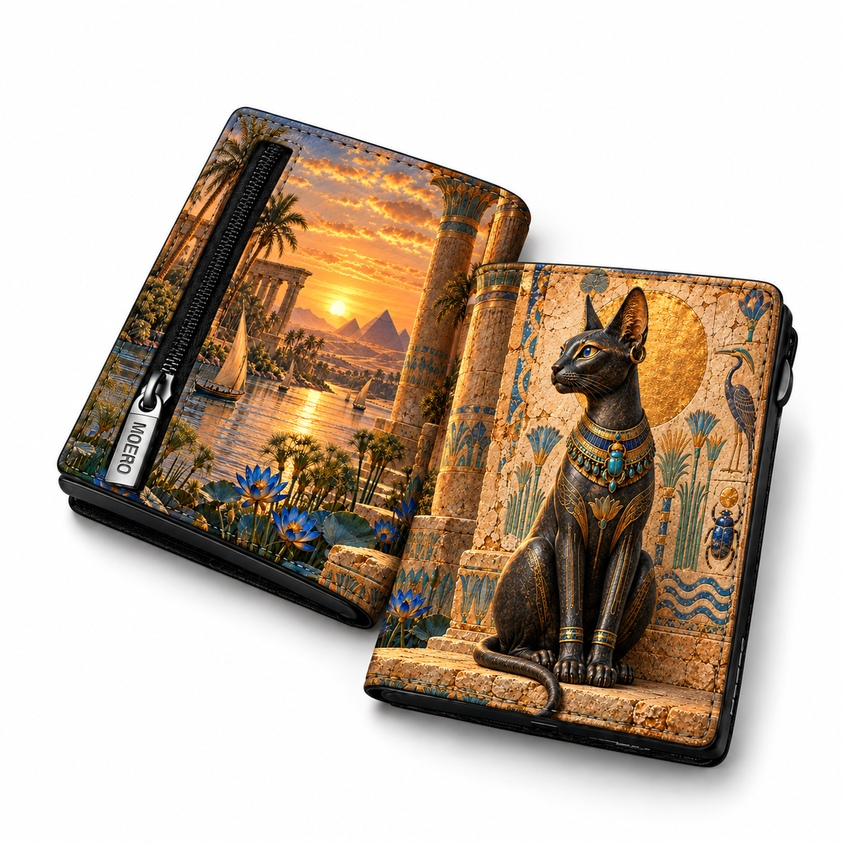 Moero Pro Zip – Gatto – Egypt Limited Edition – Portafoglio RFID in Vera Pelle Saffiano con Chiusura Magnetica e Portamonete Zip