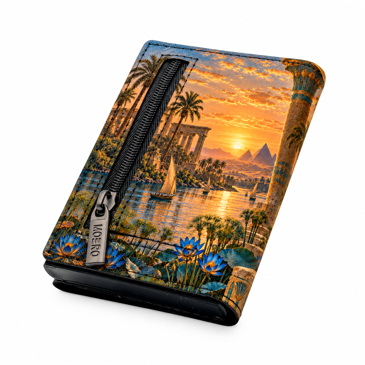 Moero Pro Zip – Gatto – Egypt Limited Edition – Portafoglio RFID in Vera Pelle Saffiano con Chiusura Magnetica e Portamonete Zip