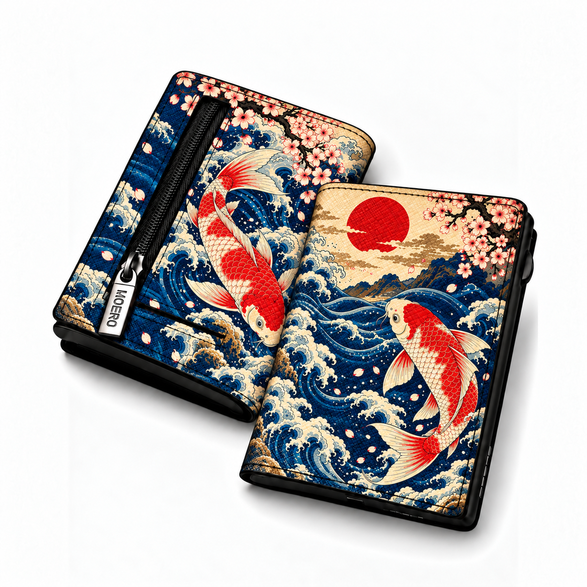 Moero Pro – Danza delle onde – Japanese Art Limited Edition – Portafoglio RFID in Vera Pelle Saffiano con Chiusura Magnetica e Portamonete Zip
