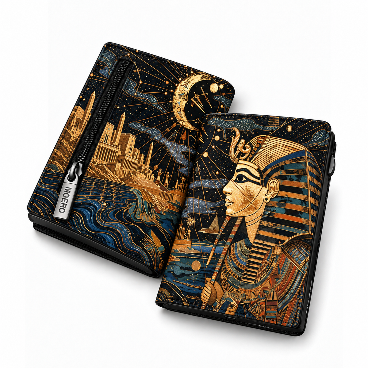 Moero Pro Zip – Notte Egiziana – Egypt Limited Edition – Portafoglio RFID in Vera Pelle Saffiano con Chiusura Magnetica e Portamonete Zip
