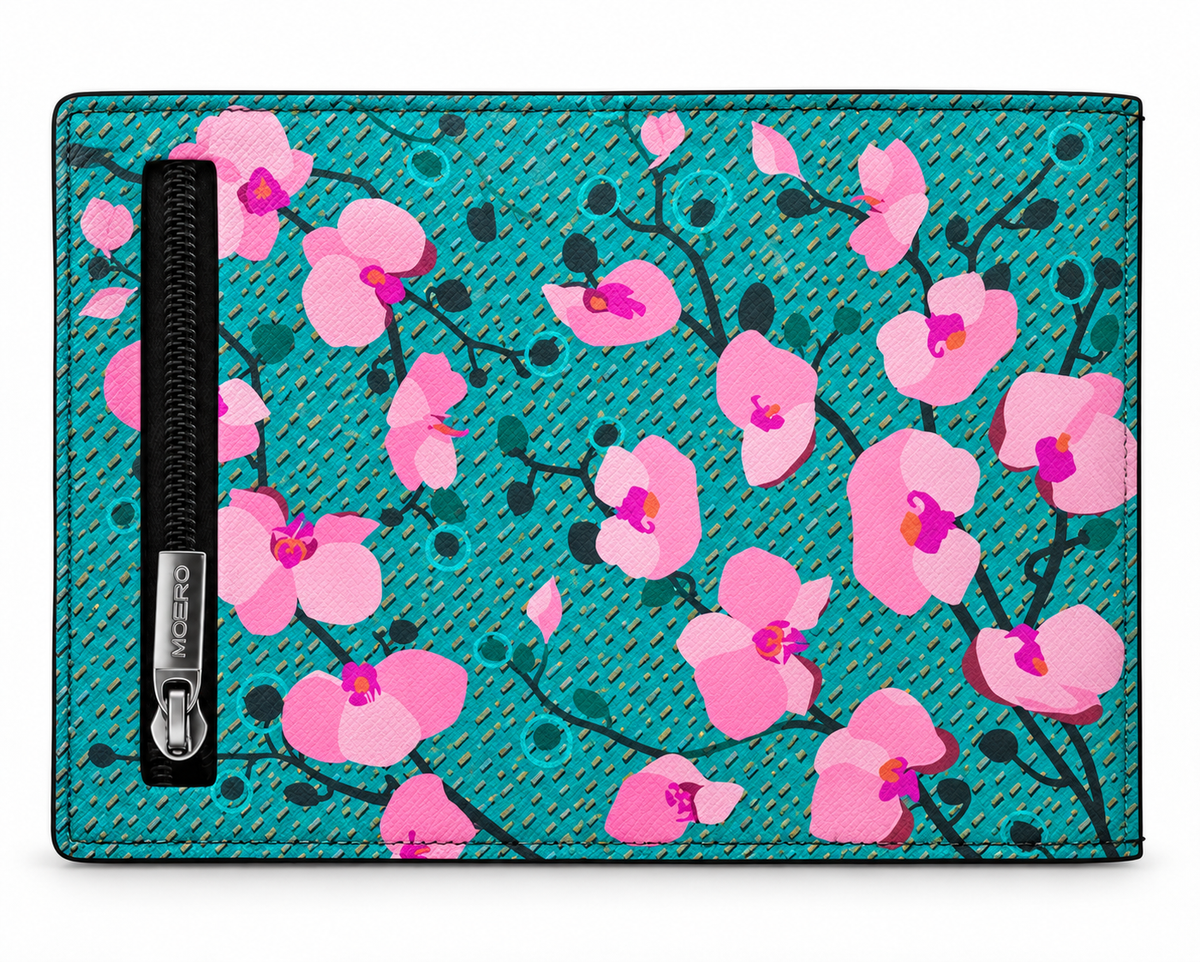 Moero PRO Floral - Orchidee di Giada - Limited Edition – Portafoglio RFID in Vera Pelle Saffiano con Chiusura Magnetica e Portamonete Zip