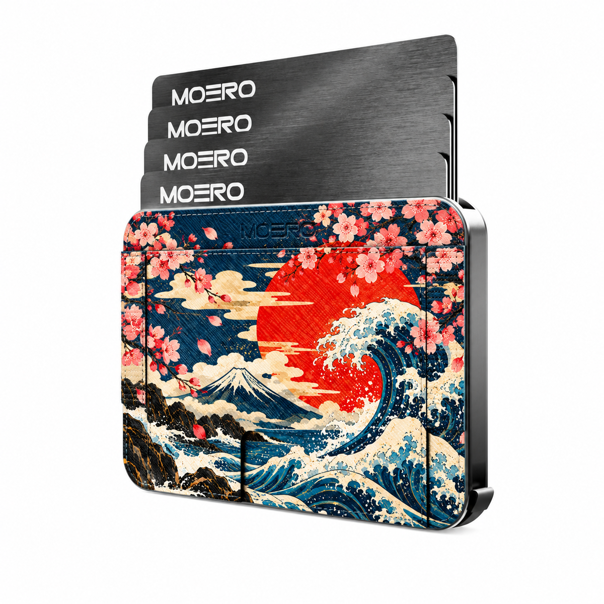 Moero M2 Pro - Onda Sakura - Japanese art Limited Edition - MagSafe Wallet – Portafoglio RFID in Alluminio e Vera Pelle Saffiano Antigraffio