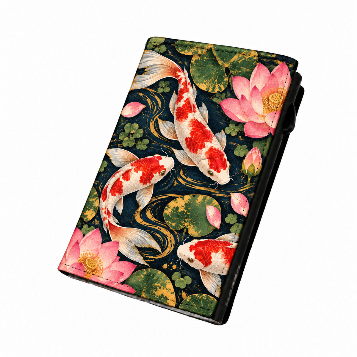 Moero Pro Zip – Koi Loto – Japanese Art Limited Edition – Portafoglio RFID in Vera Pelle Saffiano con Chiusura Magnetica e Portamonete Zip