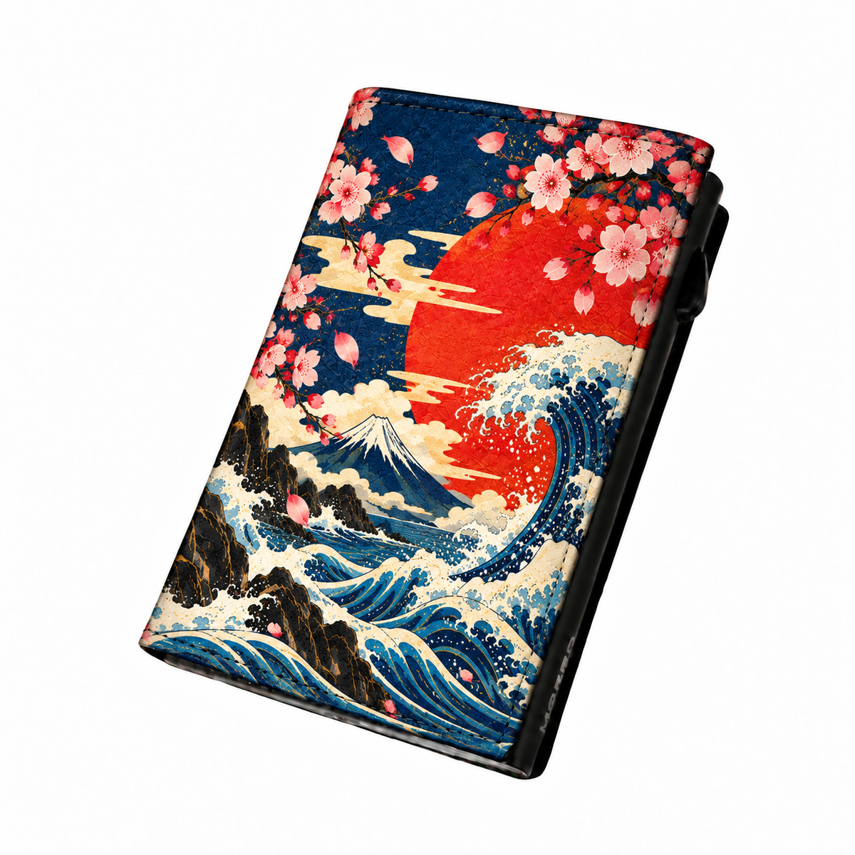 Moero Pro Zip – Grande Onda – Japanese Art Limited Edition – Portafoglio RFID in Vera Pelle Saffiano con Chiusura Magnetica e Portamonete Zip