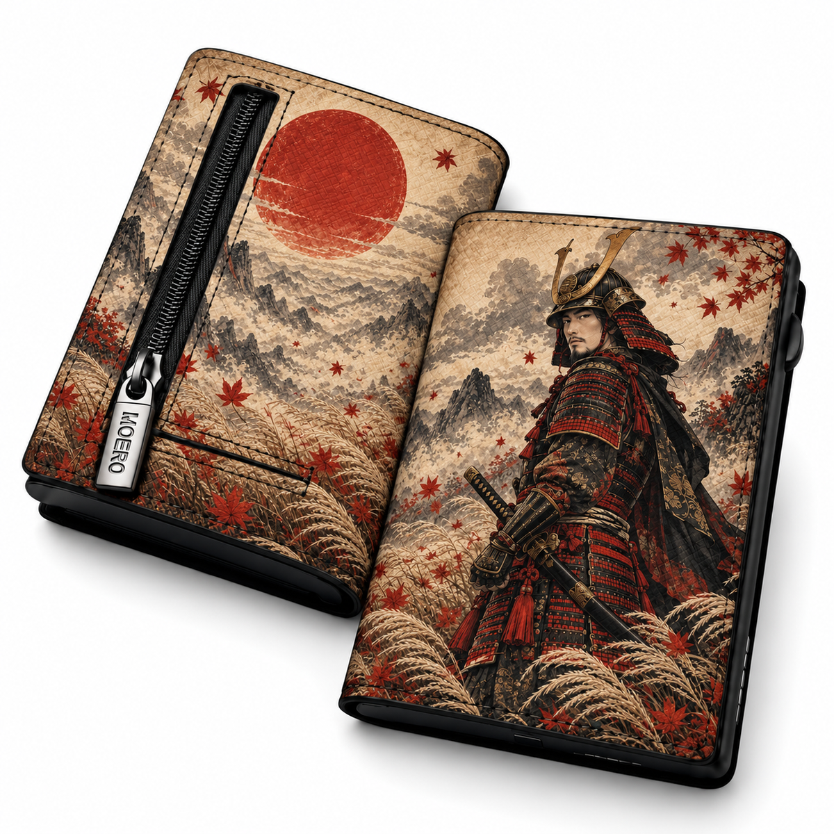 Moero Pro – Samurai – Japanese Art Limited Edition – Portafoglio RFID in Vera Pelle Saffiano con Chiusura Magnetica e Portamonete Zip