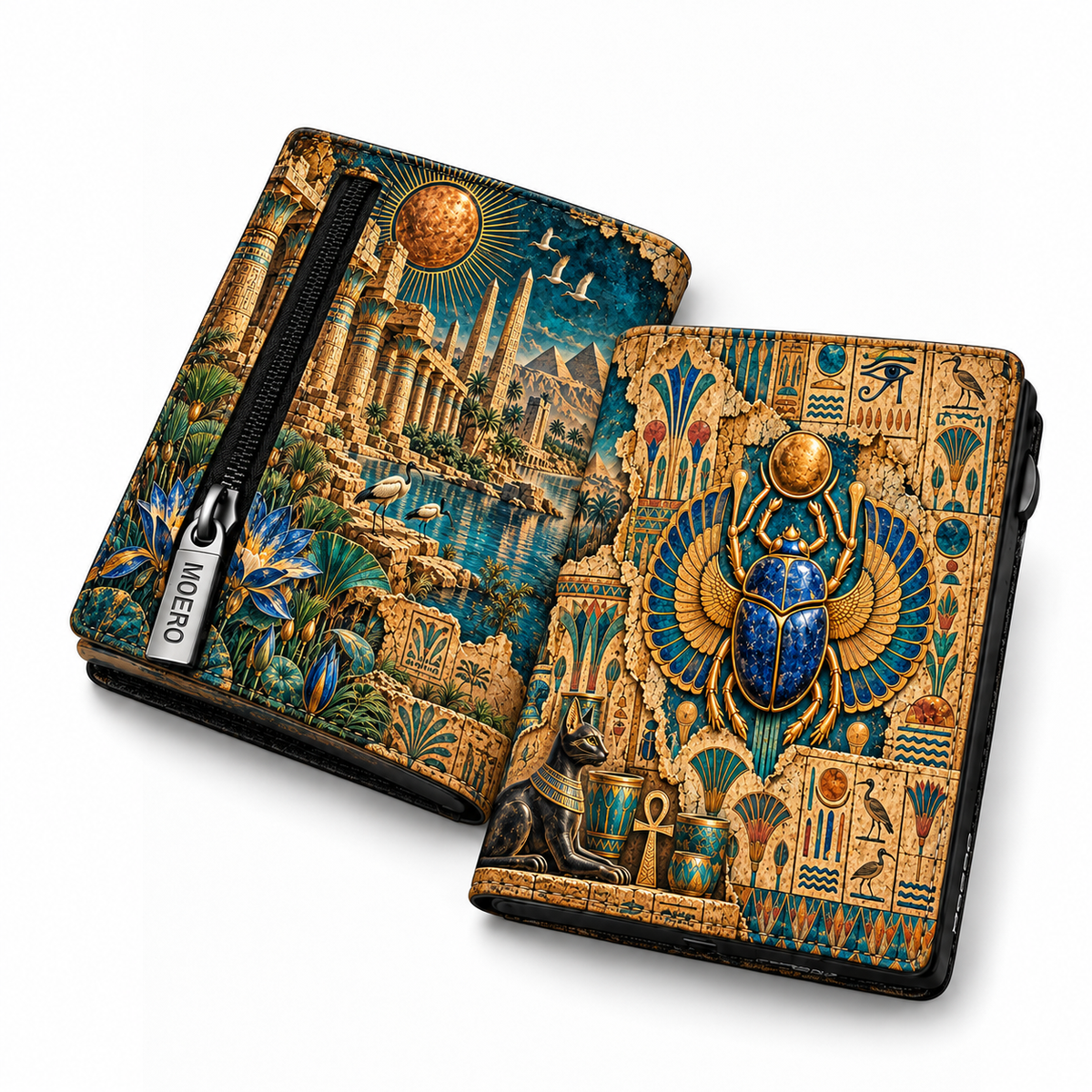 Moero Pro Zip – Scarabeo – Egypt Limited Edition – Portafoglio RFID in Vera Pelle Saffiano con Chiusura Magnetica e Portamonete Zip