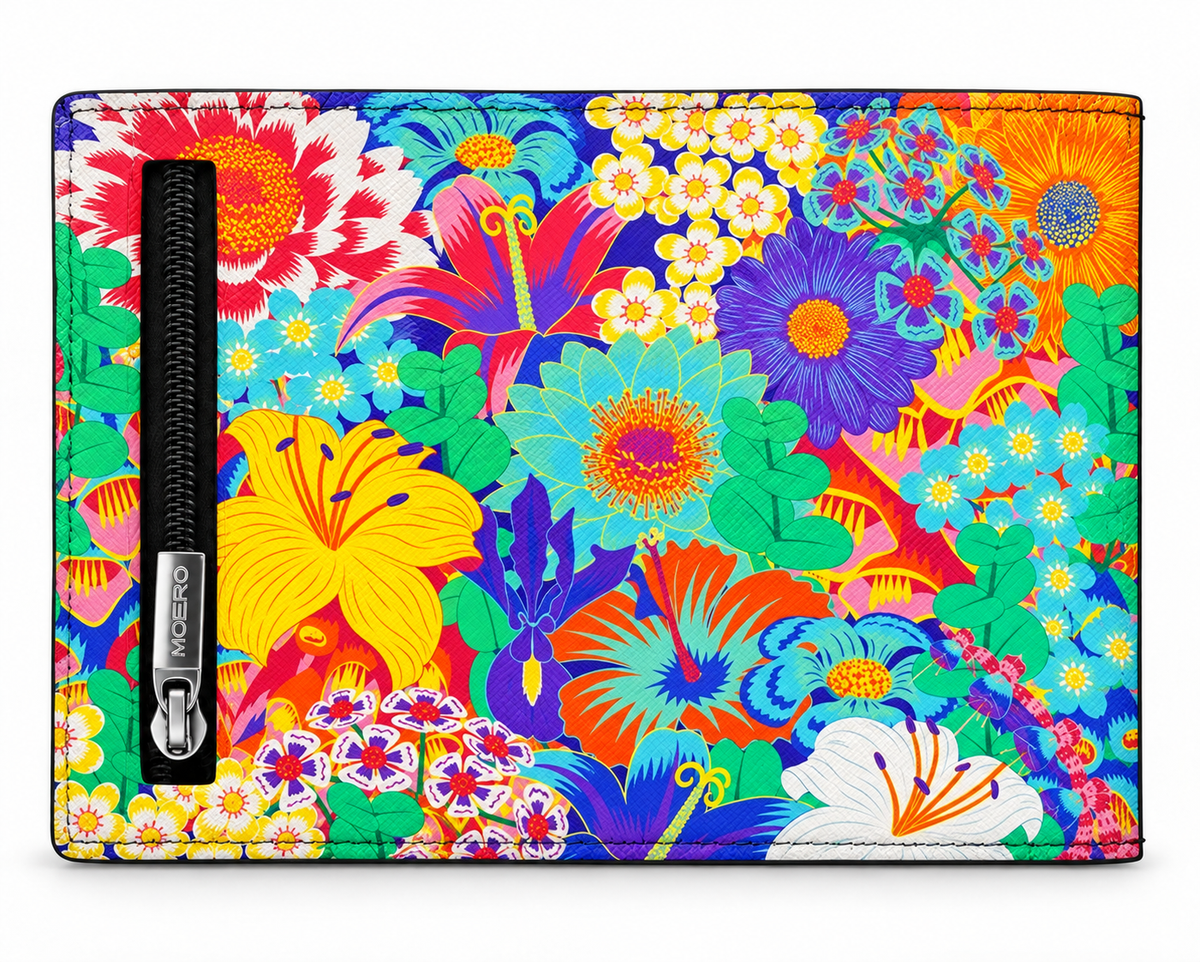 Moero PRO Floral - Sinfonia Floreale - Limited Edition – Portafoglio RFID in Vera Pelle Saffiano con Chiusura Magnetica e Portamonete Zip