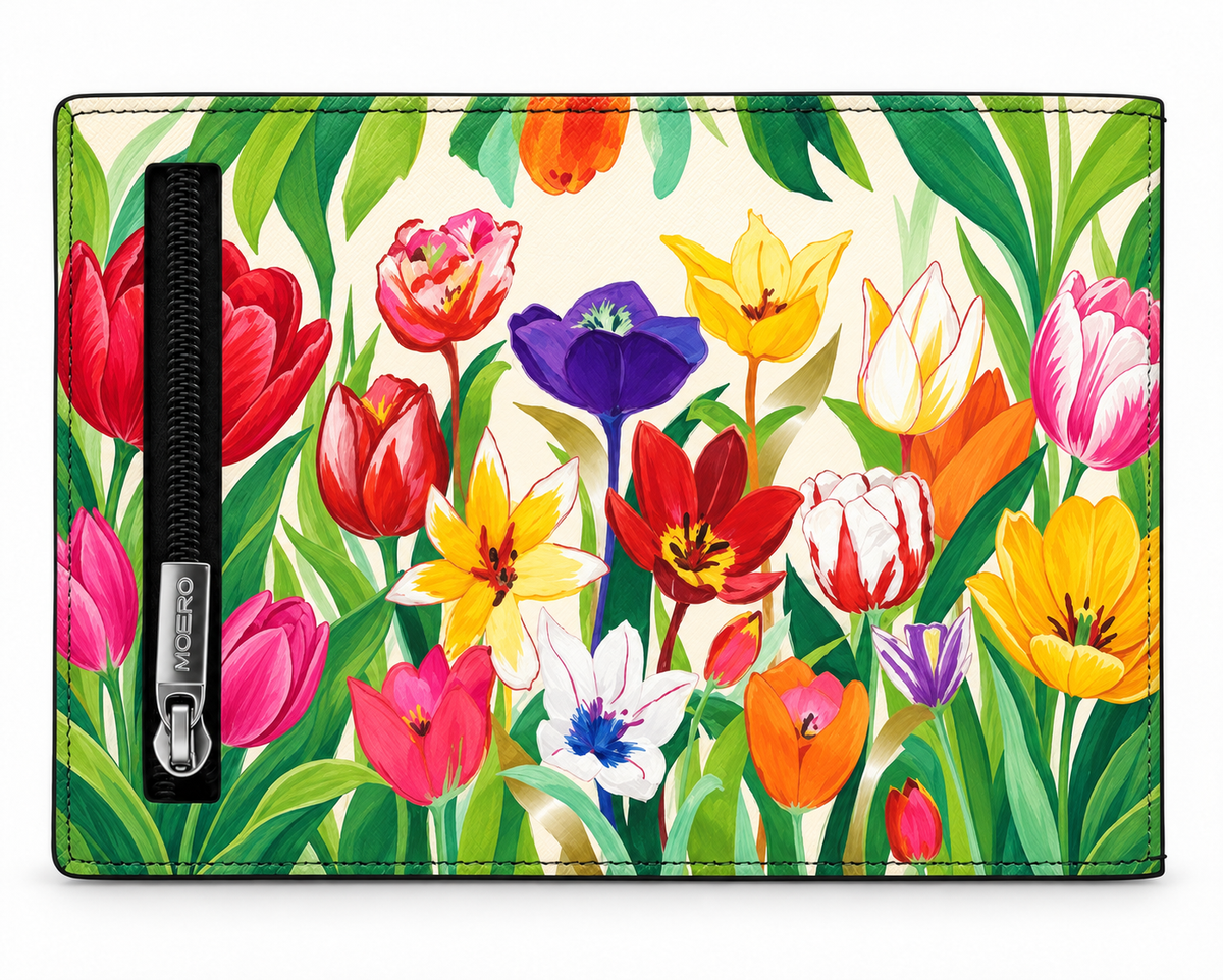 Moero PRO Floral - Tulipani di primavera - Limited Edition – Portafoglio RFID in Vera Pelle Saffiano con Chiusura Magnetica e Portamonete Zip