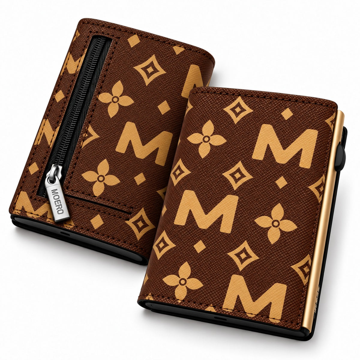 Moero Pro Zip – Monogram Big Brown – Limited Edition – Portafoglio RFID in Vera Pelle Saffiano con Chiusura Magnetica e Portamonete Zip - portacarte gold
