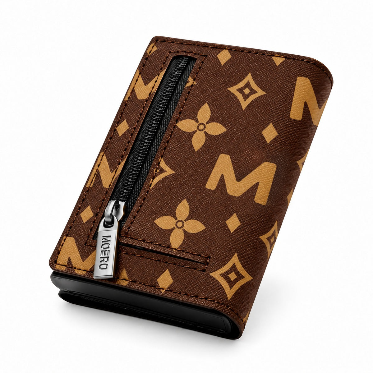 Moero Pro Zip – Monogram Big Brown – Limited Edition – Portafoglio RFID in Vera Pelle Saffiano con Chiusura Magnetica e Portamonete Zip - portacarte gold